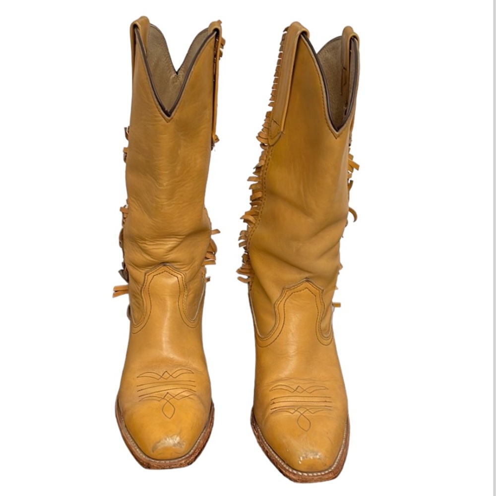 Frye Tan Leather Fringe Western Heeled Boots
